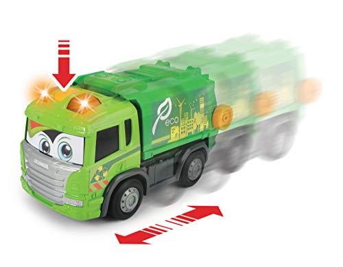 Dickie Toys Happy Series - Camión de Basura Motorizado Scania, con Cubo, Luz, Sonido y Plataforma Móvil, para Niños a partir de 2 Años - 25 cm