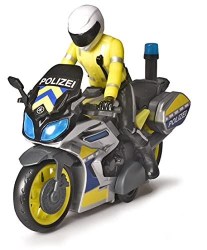 Dickie Toys Moto Yamaha Motocicleta, Fricción, luz, Sonido, policía, Figura de Conductor móvil, 17 cm, Azul, Amarillo y Plateado (203712018)