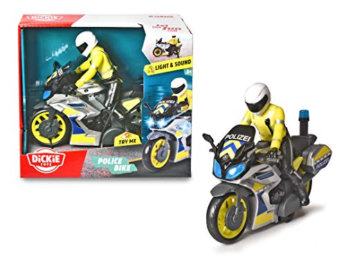 Dickie Toys Moto Yamaha Motocicleta, Fricción, luz, Sonido, policía, Figura de Conductor móvil, 17 cm, Azul, Amarillo y Plateado (203712018)