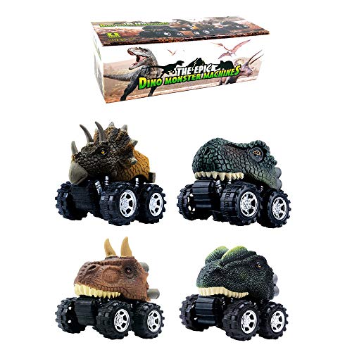 DINOBROS Juguetes de dinosaurio para coche, 4 unidades, juguetes de dinosaurio para niños de 3 años y niños pequeños, juegos de dinosaurios T-Rex Monster Trucks