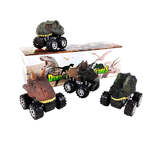 DINOBROS Juguetes de dinosaurio para coche, 4 unidades, juguetes de dinosaurio para niños de 3 años y niños pequeños, juegos de dinosaurios T-Rex Monster Trucks