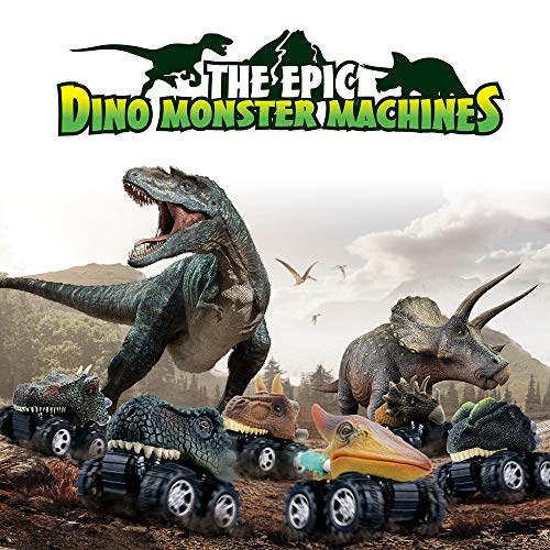 DINOBROS Juguetes de dinosaurio para coche, 4 unidades, juguetes de dinosaurio para niños de 3 años y niños pequeños, juegos de dinosaurios T-Rex Monster Trucks