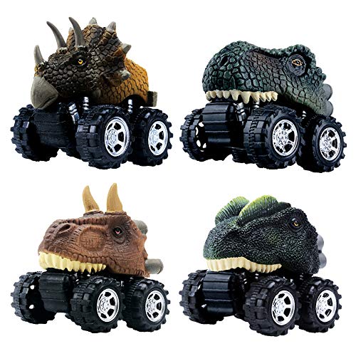 DINOBROS Juguetes de dinosaurio para coche, 4 unidades, juguetes de dinosaurio para niños de 3 años y niños pequeños, juegos de dinosaurios T-Rex Monster Trucks