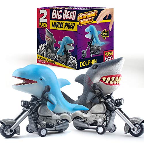 DINOBROS Shark Toy Car - Juego de 2 animales de mar con motor de fricción, juguete de tiburón blanco y delfín