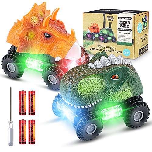 Dinosaurio Coche, 2 Coches de Juguetes de Dinosaurios con Luces LED y Sonidos, Divertidos Dino Cars Regalos Cumpleaños para Niños Niñas de 3+ Años