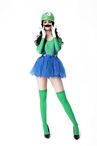 Disfraz de Super Mario Luigi, Gorra de fontanero Barba Negro Tirante Falda Calcetines, Traje Conjunto Classic para Mujer Carnaval y Cosplay, Color Verde