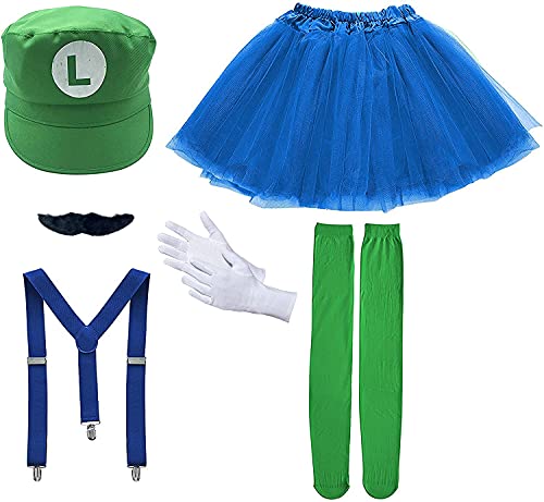 Disfraz de Super Mario Luigi, Gorra de fontanero Barba Negro Tirante Falda Calcetines, Traje Conjunto Classic para Mujer Carnaval y Cosplay, Color Verde