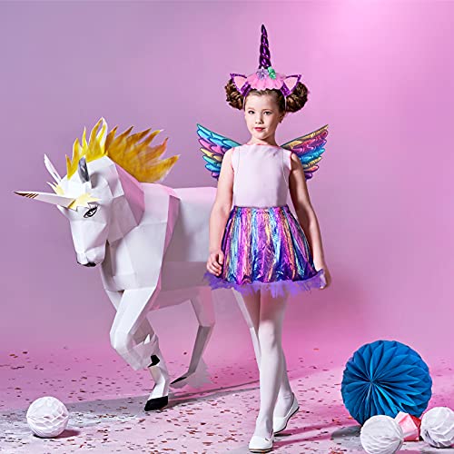 Disfraz de Unicornio para niñas de 3 Piezas MEZZOM Falda Unicornio para niñas con Diadema de Unicornio Vestido de tutú Falda de alas de Arco Iris para Fiestas de cumpleaños