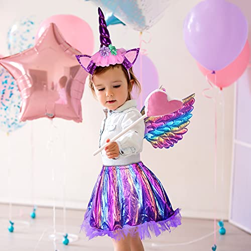 Disfraz de Unicornio para niñas de 3 Piezas MEZZOM Falda Unicornio para niñas con Diadema de Unicornio Vestido de tutú Falda de alas de Arco Iris para Fiestas de cumpleaños