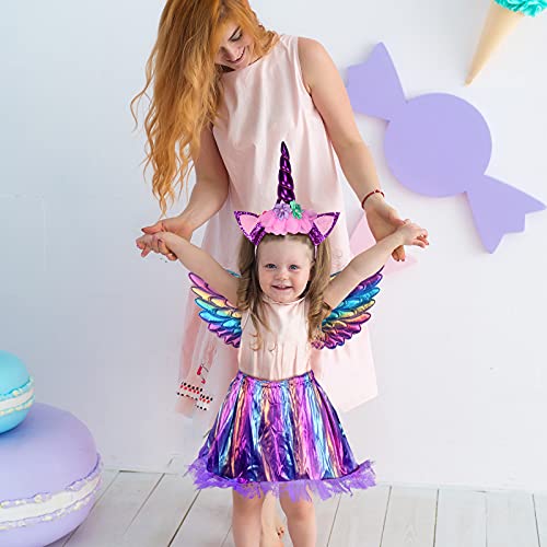 Disfraz de Unicornio para niñas de 3 Piezas MEZZOM Falda Unicornio para niñas con Diadema de Unicornio Vestido de tutú Falda de alas de Arco Iris para Fiestas de cumpleaños