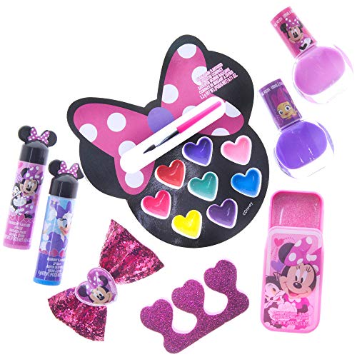 Disney Minnie Mouse - Townley Girl Mochila juego de cosméticos, incluye: brillo de labios, lazos para el cabello, esmalte de uñas lima de uñas, bálsamo labial, espaciador de dedos, pegatinas para uñas