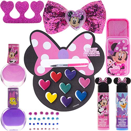 Disney Minnie Mouse - Townley Girl Mochila juego de cosméticos, incluye: brillo de labios, lazos para el cabello, esmalte de uñas lima de uñas, bálsamo labial, espaciador de dedos, pegatinas para uñas