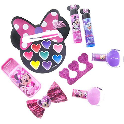 Disney Minnie Mouse - Townley Girl Mochila juego de cosméticos, incluye: brillo de labios, lazos para el cabello, esmalte de uñas lima de uñas, bálsamo labial, espaciador de dedos, pegatinas para uñas