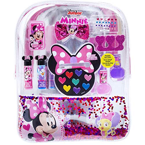 Disney Minnie Mouse - Townley Girl Mochila juego de cosméticos, incluye: brillo de labios, lazos para el cabello, esmalte de uñas lima de uñas, bálsamo labial, espaciador de dedos, pegatinas para uñas