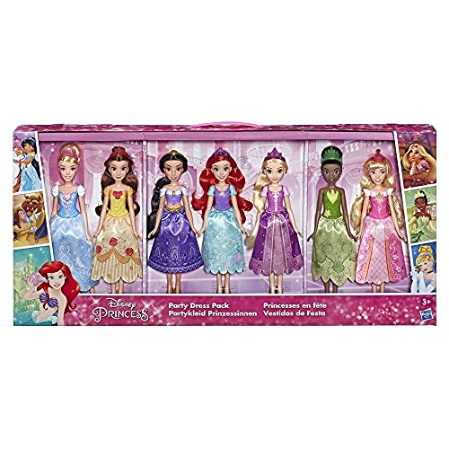 Disney Princess Party Dress Pack, Incluye Ariel, Aurora, Belle, Cinderella, Jasmine, Rapunzel, y Tiana Fashion Dolls