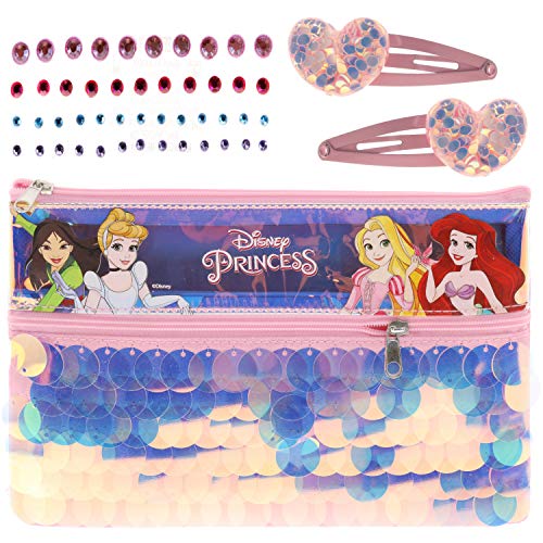 Disney Princess - Townley Girl Juego de maquillaje con 11 piezas, que incluye brillo de labios, esmalte de uñas, espejo, pegatinas de gemas y bolsa holográfica de lentejuelas, a partir de 3 años