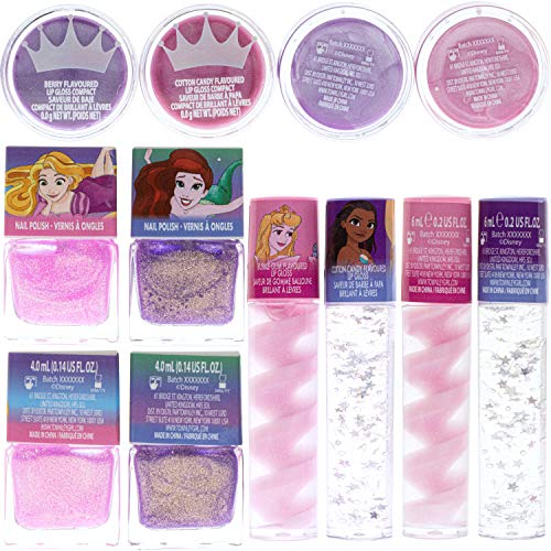 Disney Princess - Townley Girl Juego de maquillaje con 11 piezas, que incluye brillo de labios, esmalte de uñas, espejo, pegatinas de gemas y bolsa holográfica de lentejuelas, a partir de 3 años