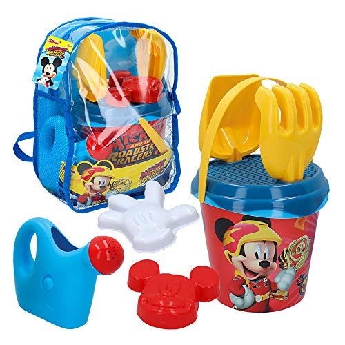 Disney - Set de playa Juguetes arena Arenero Cubo Completo Pala, Rastrillo, Cedazo, Regadera, Moldes Juguetes bebés 1 año Juguetes niños niñas 10 meses Mochila Mickey