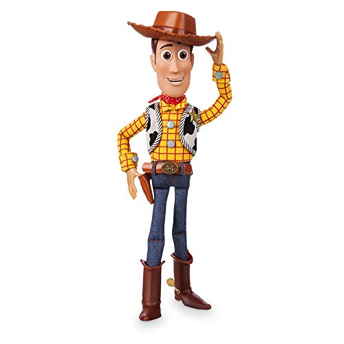 Disney Store: Woody, Figura de acción interactiva de Toy Story 4 con Voz, 35 cm, más de 10 Frases en inglés, interactúa con Otras Figuras y Juguetes, Luces láser, para Mayores de 3 años