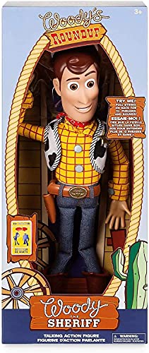 Disney Store: Woody, Figura de acción interactiva de Toy Story 4 con Voz, 35 cm, más de 10 Frases en inglés, interactúa con Otras Figuras y Juguetes, Luces láser, para Mayores de 3 años