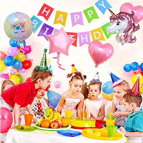 Dsaren 8 Piezas Feliz Cumpleaños Unicornio Grande de Globo Corazón Estrella Globo Rosa con Globos Cinta para Unicornio Fiesta Decoración Cumpleaños Boda Carnaval Baby Girl Party