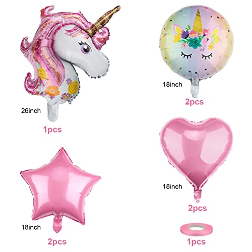 Dsaren 8 Piezas Feliz Cumpleaños Unicornio Grande de Globo Corazón Estrella Globo Rosa con Globos Cinta para Unicornio Fiesta Decoración Cumpleaños Boda Carnaval Baby Girl Party