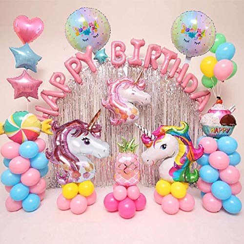 Dsaren 8 Piezas Feliz Cumpleaños Unicornio Grande de Globo Corazón Estrella Globo Rosa con Globos Cinta para Unicornio Fiesta Decoración Cumpleaños Boda Carnaval Baby Girl Party