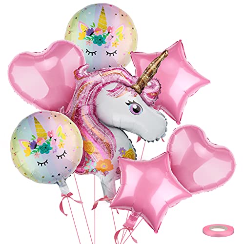 Dsaren 8 Piezas Feliz Cumpleaños Unicornio Grande de Globo Corazón Estrella Globo Rosa con Globos Cinta para Unicornio Fiesta Decoración Cumpleaños Boda Carnaval Baby Girl Party