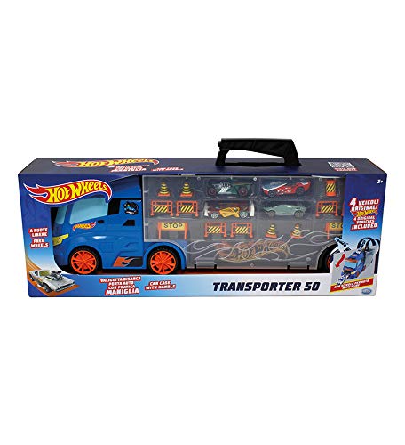 DSO ODS 42034 Hot Wheels Transporter 50, Maletín Bisarca con 4 Coches Originales, Azul