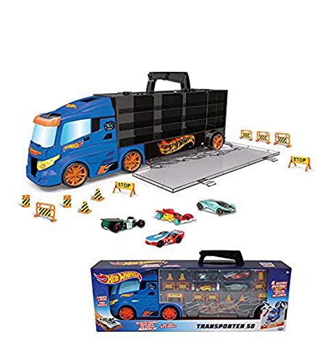 DSO ODS 42034 Hot Wheels Transporter 50, Maletín Bisarca con 4 Coches Originales, Azul