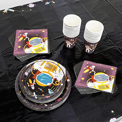 Duocute Vajilla para Fiesta Espacial 102 Piezas Tema Espacio Astronauta Planeta para Cumpleaños de Niños Incluye Platos Vasos Servilletas Mantel Pancarta, 25 Invitados