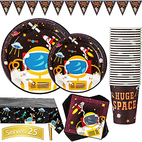 Duocute Vajilla para Fiesta Espacial 102 Piezas Tema Espacio Astronauta Planeta para Cumpleaños de Niños Incluye Platos Vasos Servilletas Mantel Pancarta, 25 Invitados