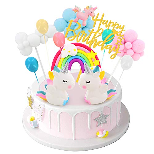 DUOUPA Decoración para tarta de cumpleaños con unicornio, arco iris, guirnalda de cumpleaños, globo, nube, decoración para tartas, para niños, niñas y niños