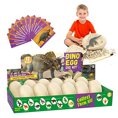 E-More Huevos de Dinosaurio de Kit de Excavación Paquete de 12, Descubre 12 Dinosaurios Diferentes, Fiesta de Pascua de Juguete Stem Juguetes Educativos para Niños de 6+ Años Regalo de Niños Niñas