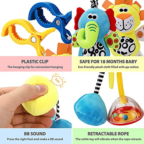 E-More - Sonajero de animales para bebés, paquete de 2 juguetes para cochecito con sonido para colgar en el cochecito y silla de paseo, juguete sensorial para bebés, niños y niñas de 0 a 36 meses