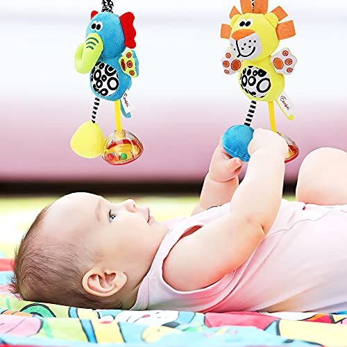 E-More - Sonajero de animales para bebés, paquete de 2 juguetes para cochecito con sonido para colgar en el cochecito y silla de paseo, juguete sensorial para bebés, niños y niñas de 0 a 36 meses