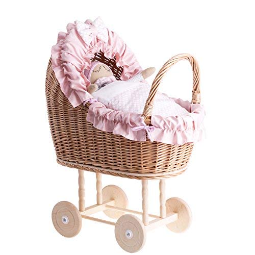 e-wicker24 Un Carro, una Cama para Carro de Mimbre, Cesta de Mimbre, Juguetes de Madera, muñecas muñeca Carro, Mimbre Carro