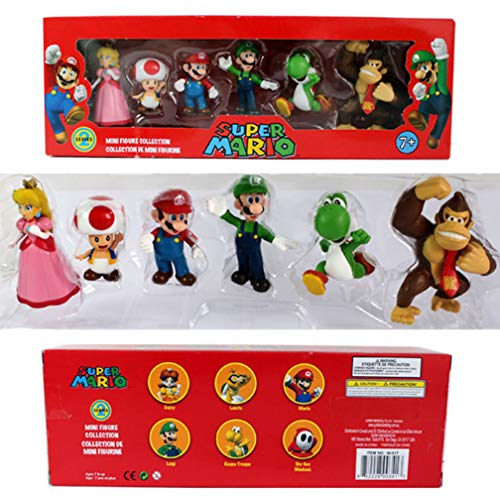 EASTVAPS 6 Unids / Set Super Mario Bros PVC Figura de Acción Muñeca de Juguete Mario Luigi Yoshi Burro de Hongos