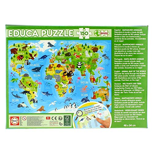 Educa - Mapamundi Animales Puzzle, 150 Piezas, Multicolor (18115)