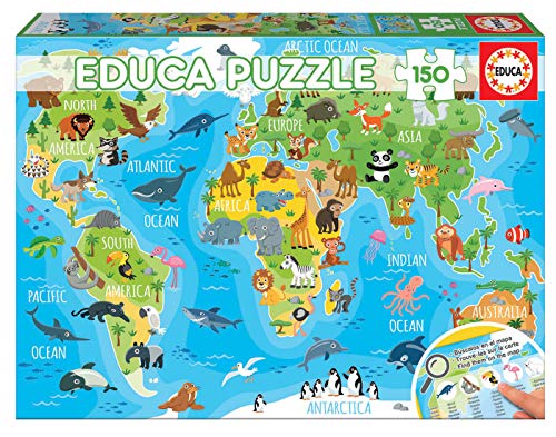 Educa - Mapamundi Animales Puzzle, 150 Piezas, Multicolor (18115)