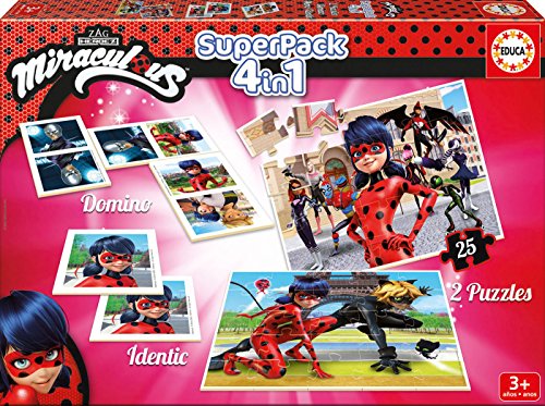 Educa - Superpack Miraculous Ladybug: Domino, Identic y 2 puzzles, juego de mesa para niños, a partir de 3 años (17259)