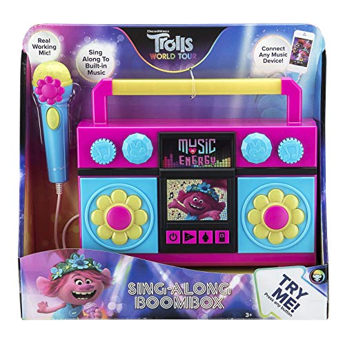 EKids Trolls World Tour Canta con micrófono, música integrada, Luces Intermitentes, micrófono de Trabajo Real para máquina de Karaoke Infantil, Conecta Reproductor MP3 Aux en Dispositivo de Audio