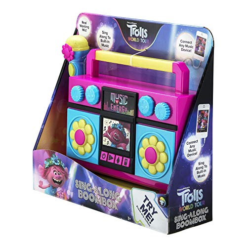 EKids Trolls World Tour Canta con micrófono, música integrada, Luces Intermitentes, micrófono de Trabajo Real para máquina de Karaoke Infantil, Conecta Reproductor MP3 Aux en Dispositivo de Audio