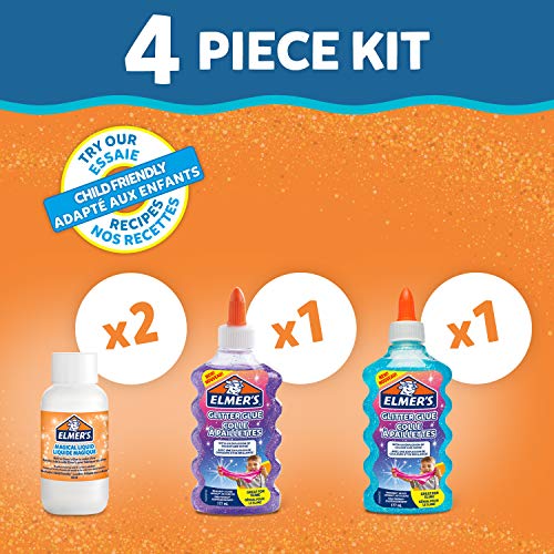 Elmer’s Kit Slime con Purpurina, pegamento morado y azul + 2 botellas de activador líquido mágico, 4 unidades