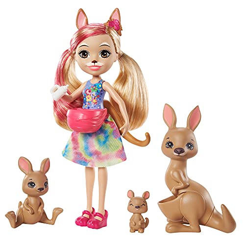 Enchantimals Sunny Savanna Muñeca Kamilla Kangaroo con familia de canguros mascota de juguete (Mattel GTM31)