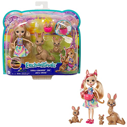 Enchantimals Sunny Savanna Muñeca Kamilla Kangaroo con familia de canguros mascota de juguete (Mattel GTM31)