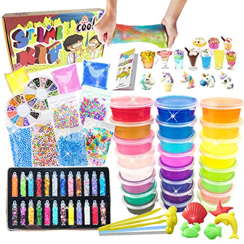 essenson Kit de slime DIY – Kit de slime con 24 colores de cristal transparente Slime, dijes Slime Charms, juego para manualidades para niños de 6 a 12 años