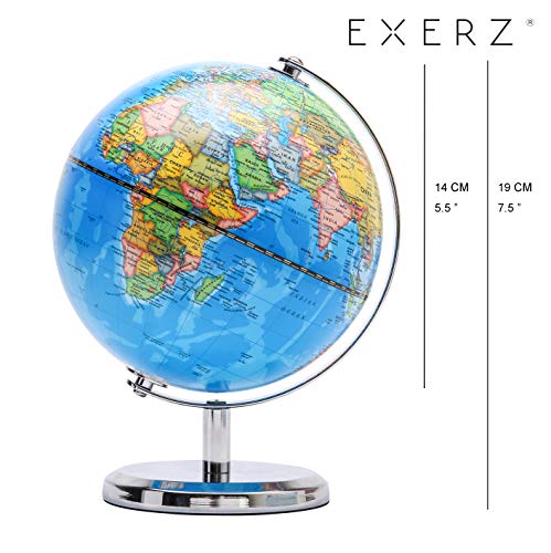 Exerz 14CM Globo Terráqueo - en Inglés - Decoración de escritorio educativa/geográfica/moderna - Con una base de metal (Azul Político)