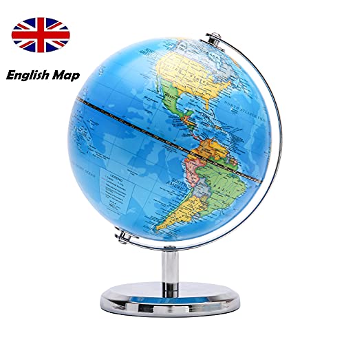 Exerz 14CM Globo Terráqueo - en Inglés - Decoración de escritorio educativa/geográfica/moderna - Con una base de metal (Azul Político)