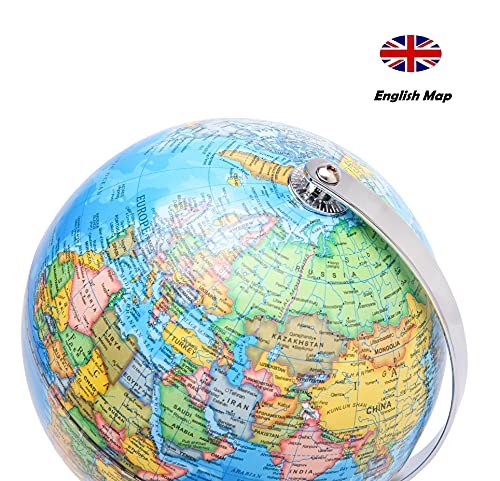 Exerz 14CM Globo Terráqueo - en Inglés - Decoración de escritorio educativa/geográfica/moderna - Con una base de metal (Azul Político)